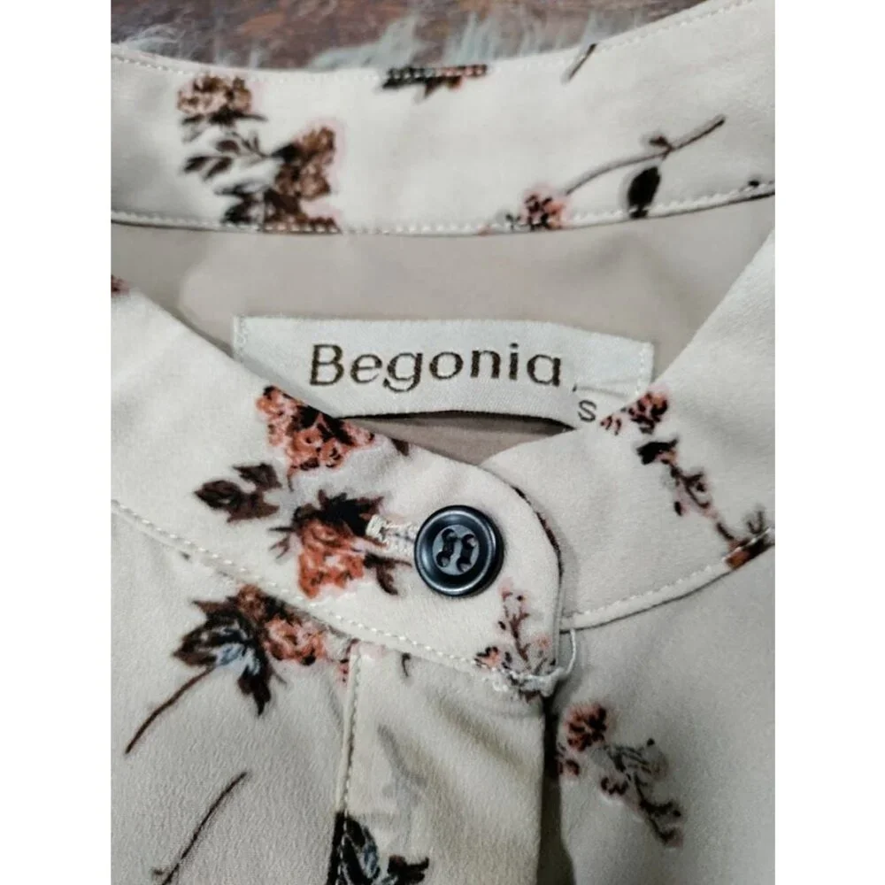 Begonia Puff Long Sleeve High Neck  Floral Print Hi-Low Dress Beige Womens Small - Picture 11 of 15